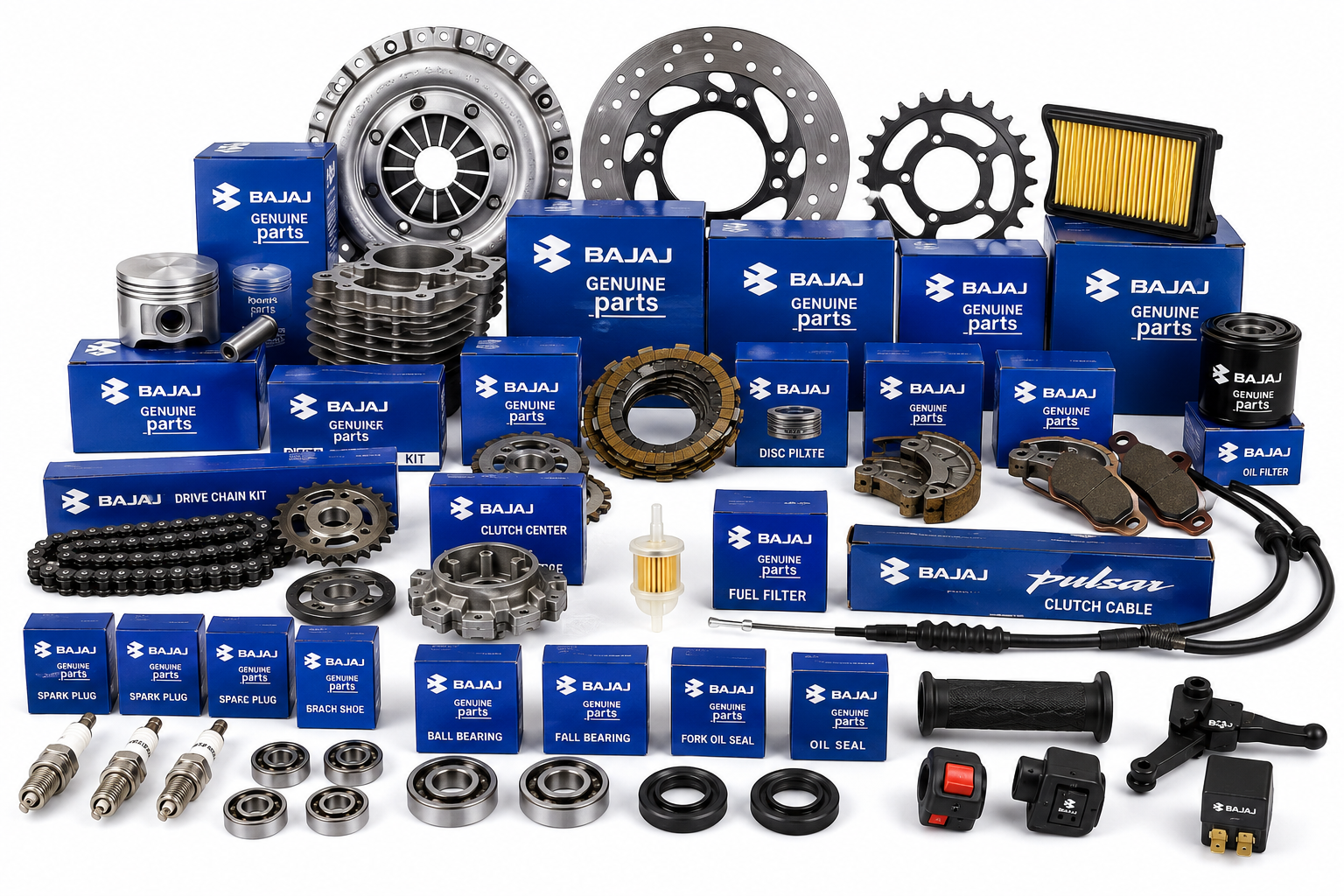 Bajaj Boxer 100 motorcycle spare parts including engine parts, brake shoe, clutch plates, and body components